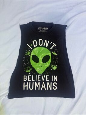 Fifth Sun Black Tank Top with Green Alien Graphic